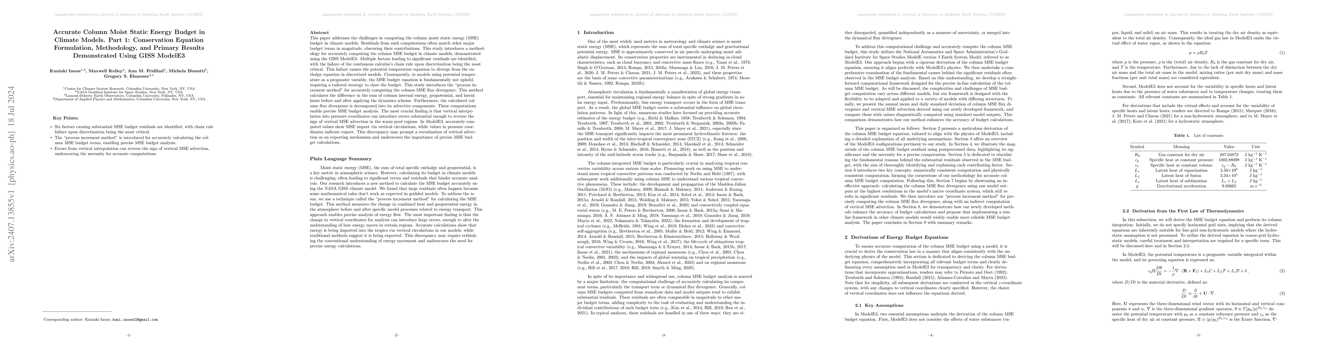 Thumbnail for Accurate Column Moist Static Energy Budget in Climate Models. Part 1:
  Conservation Equation Formulation, Methodology, and Primary Results
  Demonstrated Using GISS ModelE3