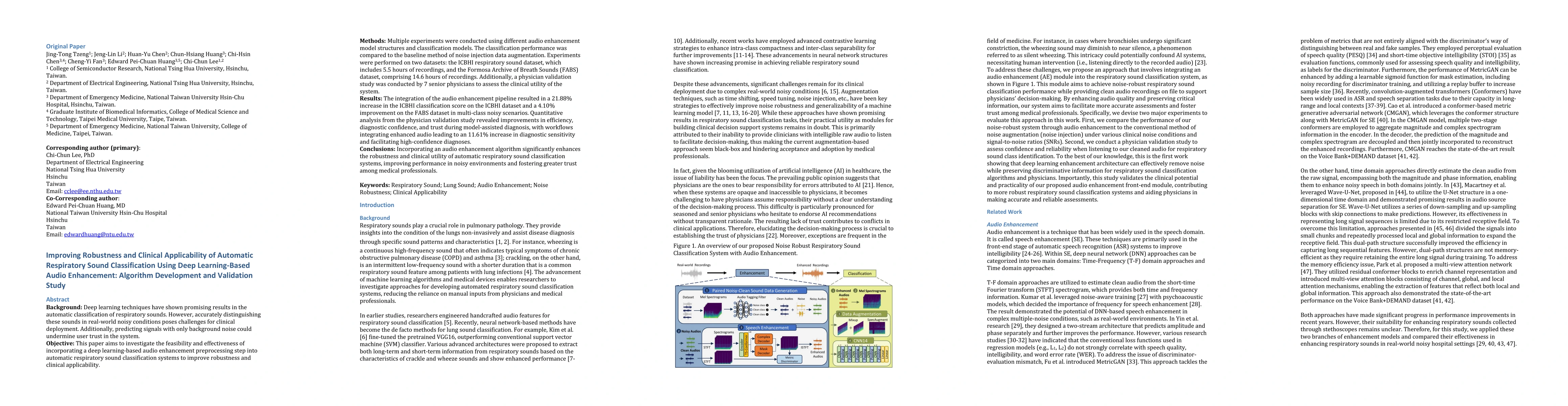 Thumbnail for Improving Robustness and Clinical Applicability of Automatic Respiratory
  Sound Classification Using Deep Learning-Based Audio Enhancement: Algorithm
  Development and Validation Study