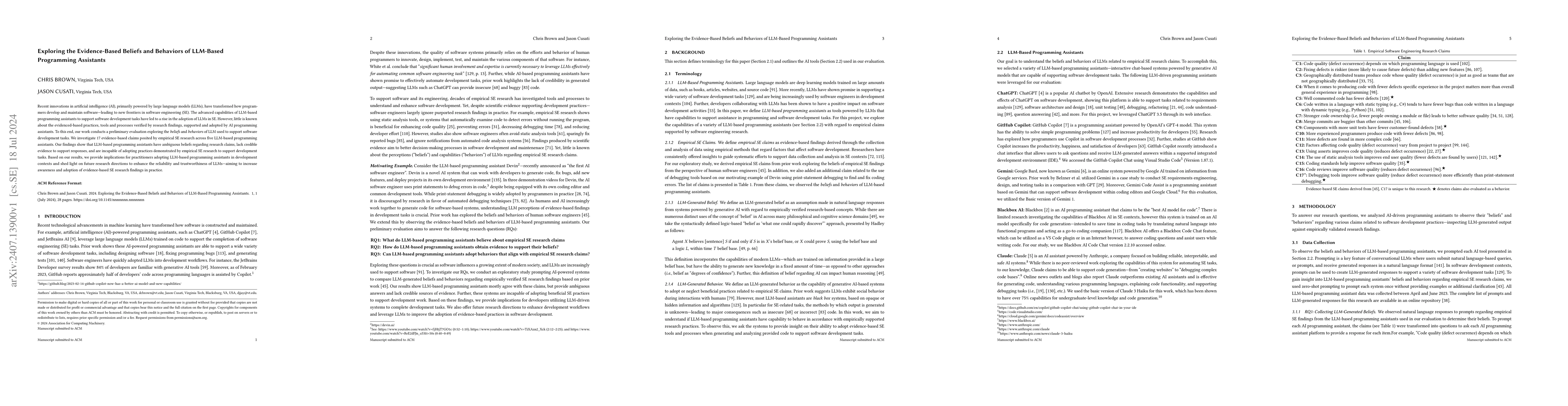 Thumbnail for Exploring the Evidence-Based Beliefs and Behaviors of LLM-Based
  Programming Assistants