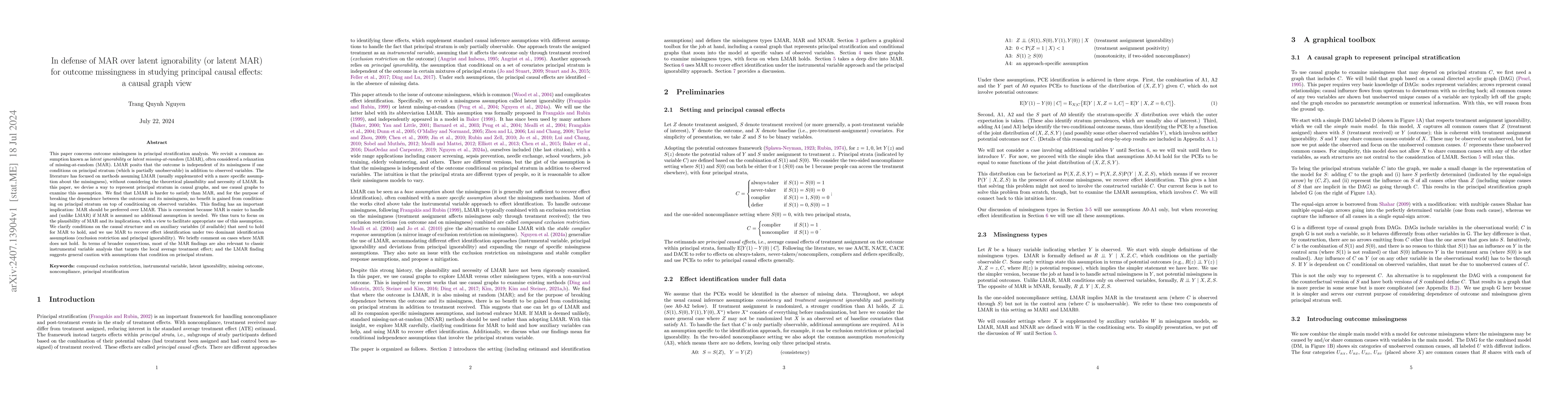 Thumbnail for In defense of MAR over latent ignorability (or latent MAR) for outcome
  missingness in studying principal causal effects: a causal graph view