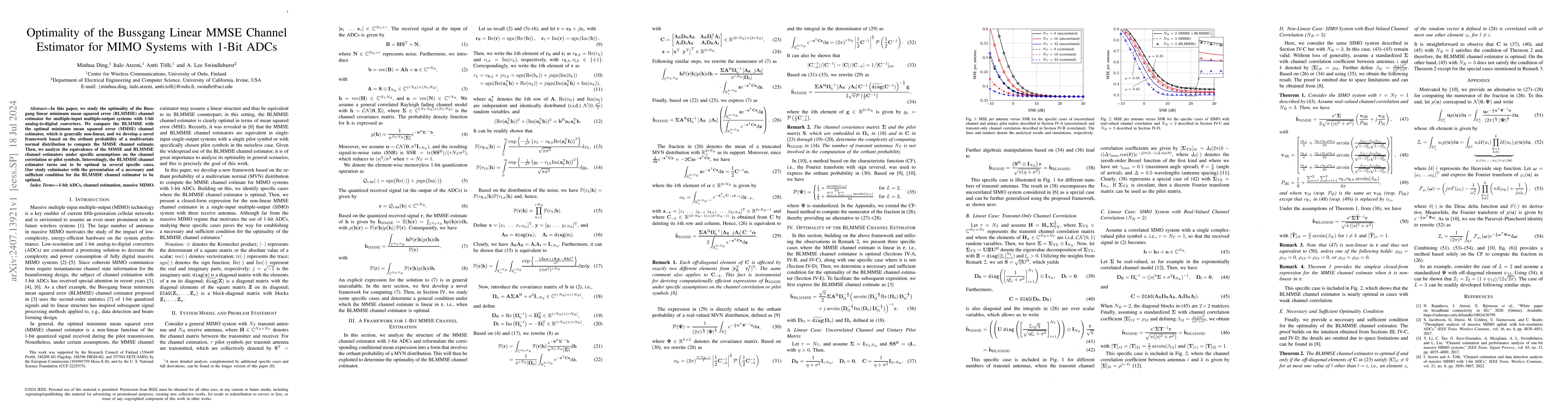 Thumbnail for Optimality of the Bussgang Linear MMSE Channel Estimator for MIMO
  Systems with 1-Bit ADCs
