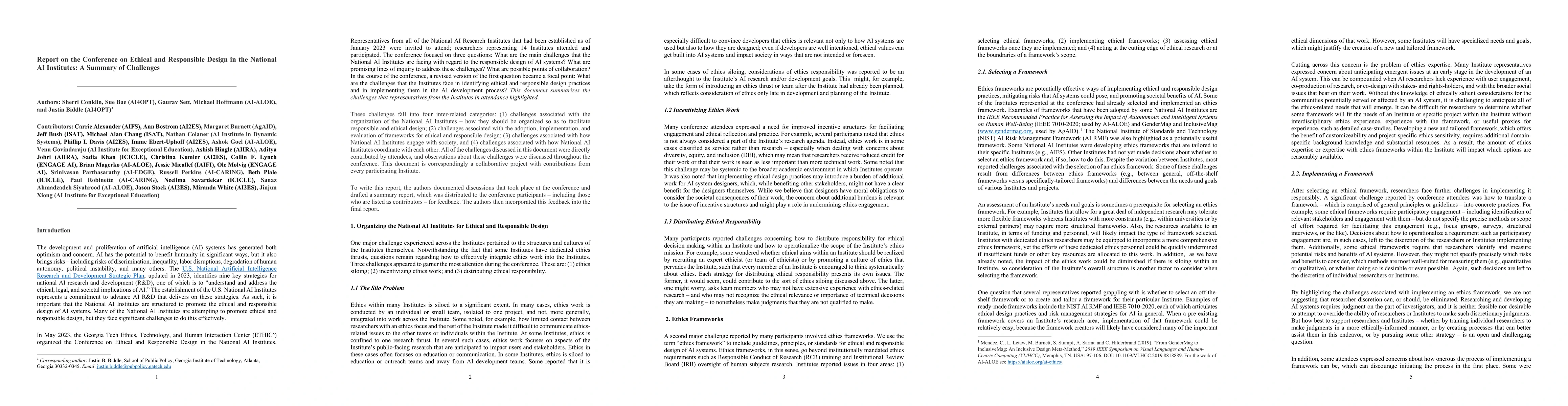 Thumbnail for Report on the Conference on Ethical and Responsible Design in the
  National AI Institutes: A Summary of Challenges