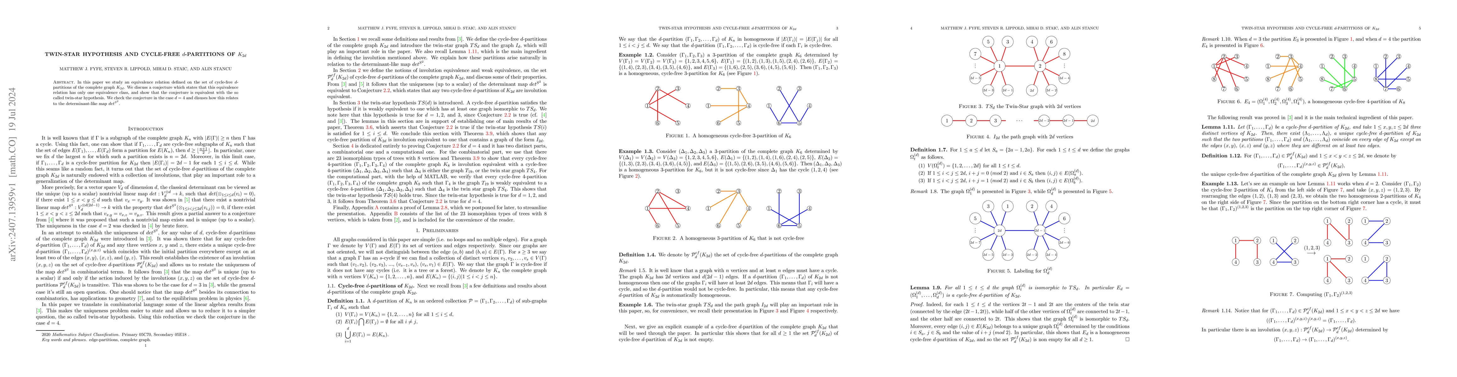 Thumbnail for Twin-star hypothesis and cycle-free $d$-partitions of $K_{2d}$
  ]{Twin-star hypothesis and cycle-free $d$-partitions of $K_{2d}$