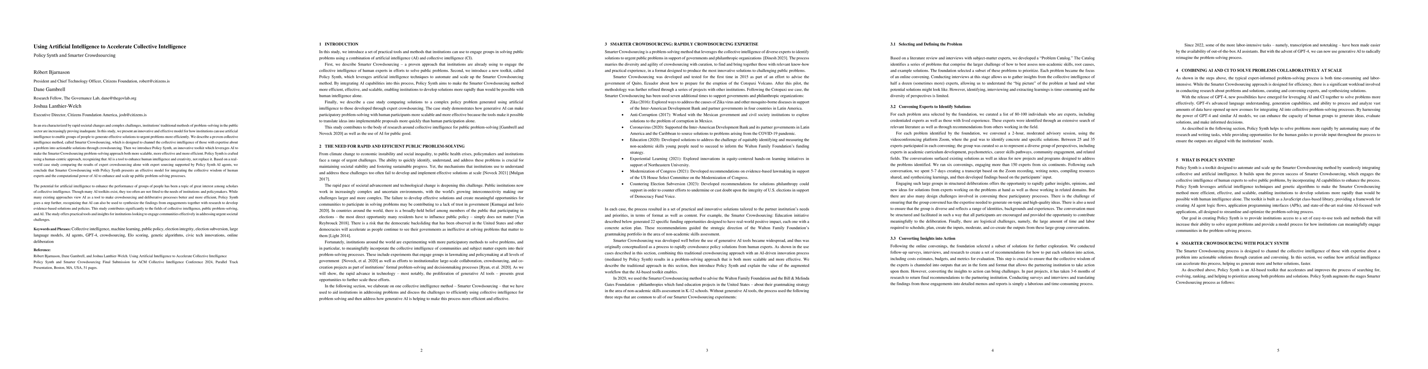 Thumbnail for Using Artificial Intelligence to Accelerate Collective Intelligence:
  Policy Synth and Smarter Crowdsourcing