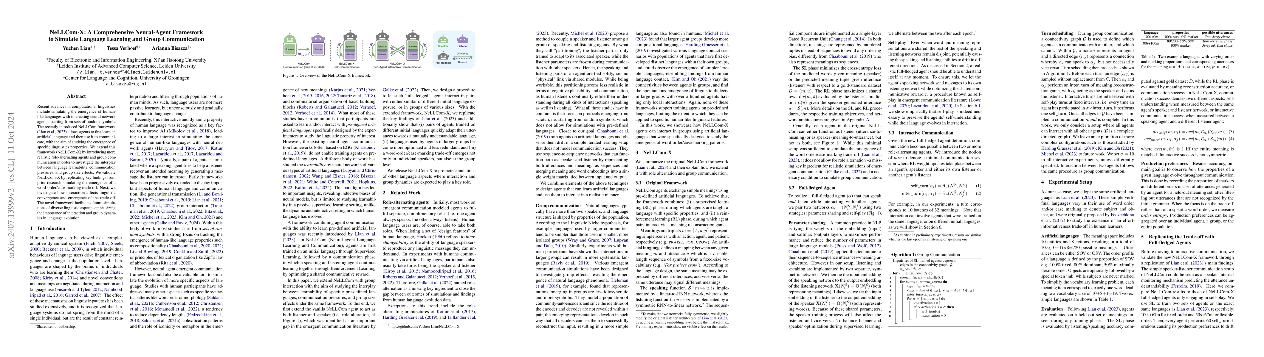 Thumbnail for NeLLCom-X: A Comprehensive Neural-Agent Framework to Simulate Language
  Learning and Group Communication