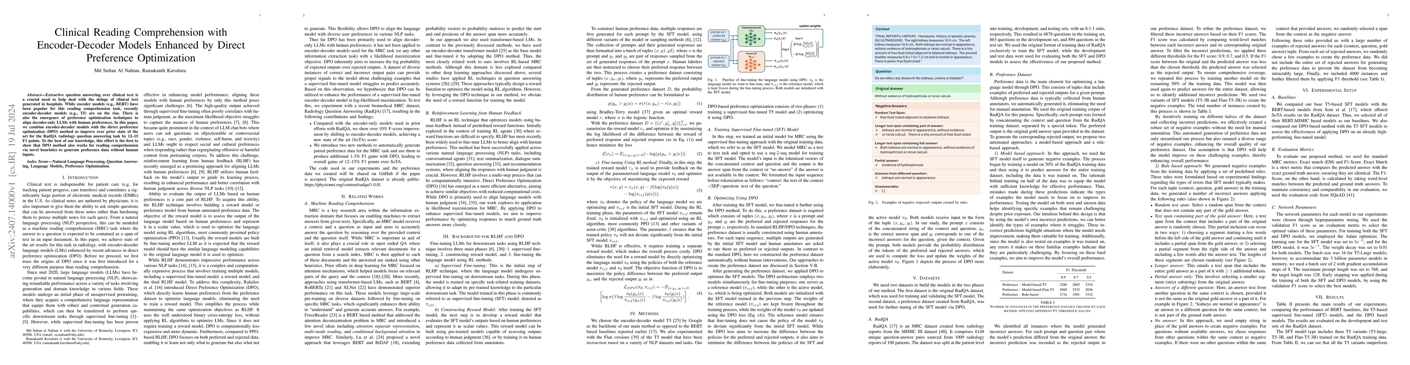 Thumbnail for Clinical Reading Comprehension with Encoder-Decoder Models Enhanced by
  Direct Preference Optimization