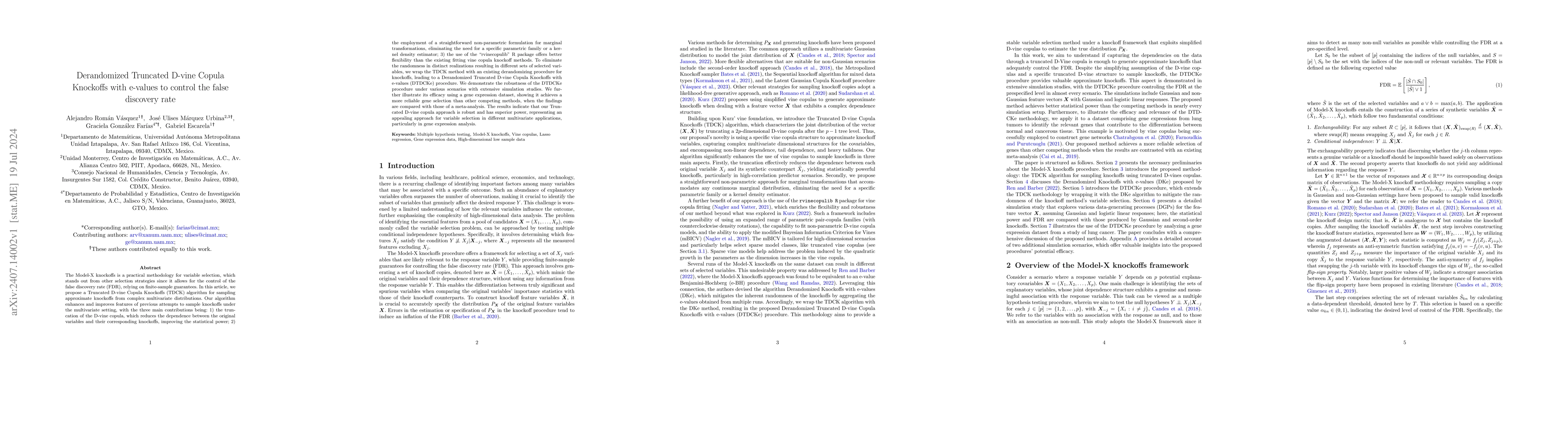 Thumbnail for Derandomized Truncated D-vine Copula Knockoffs with e-values to control
  the false discovery rate