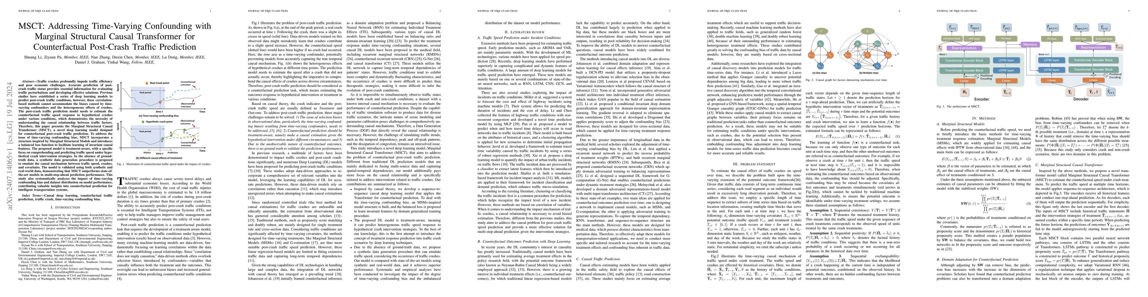 Thumbnail for MSCT: Addressing Time-Varying Confounding with Marginal Structural
  Causal Transformer for Counterfactual Post-Crash Traffic Prediction