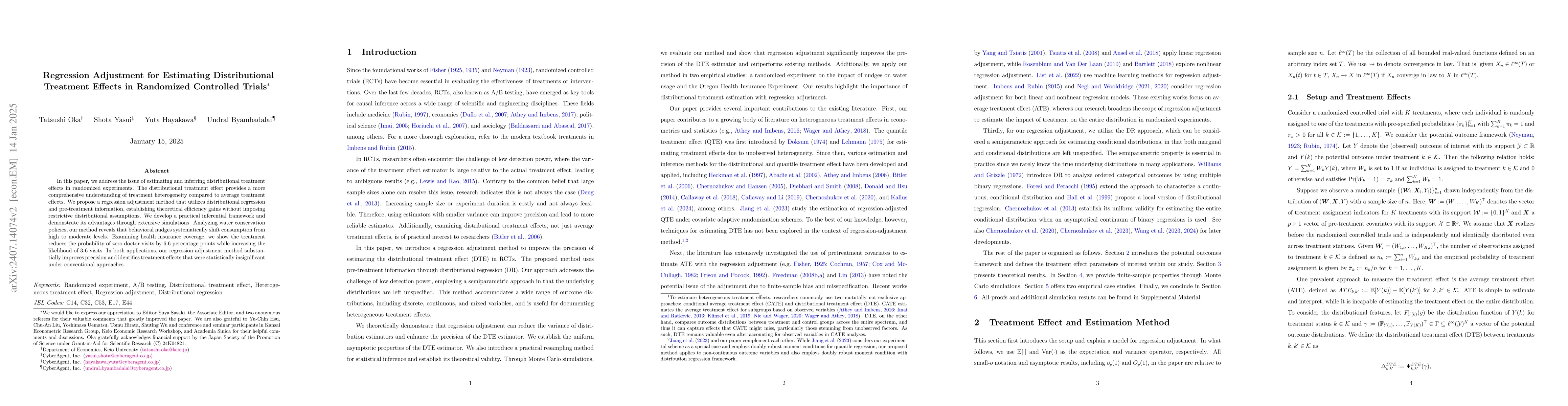 Thumbnail for Regression Adjustment for Estimating Distributional Treatment Effects in
  Randomized Controlled Trials