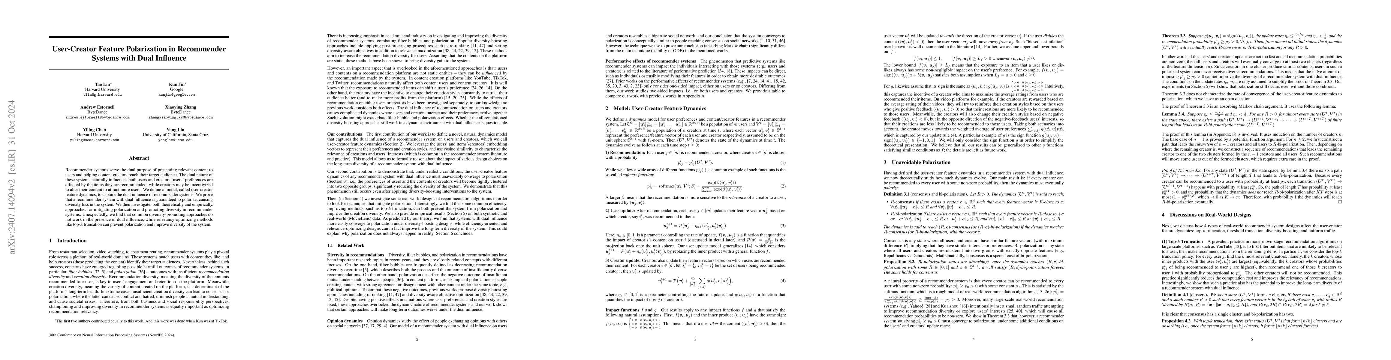 Thumbnail for User-Creator Feature Dynamics in Recommender Systems with Dual Influence