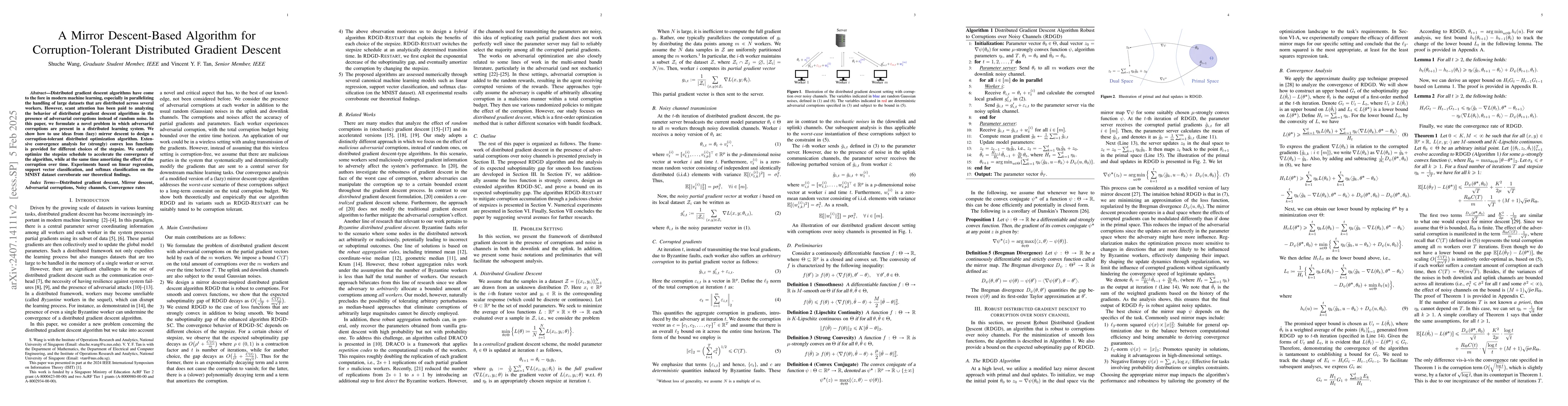 Thumbnail for A Mirror Descent-Based Algorithm for Corruption-Tolerant Distributed
  Gradient Descent