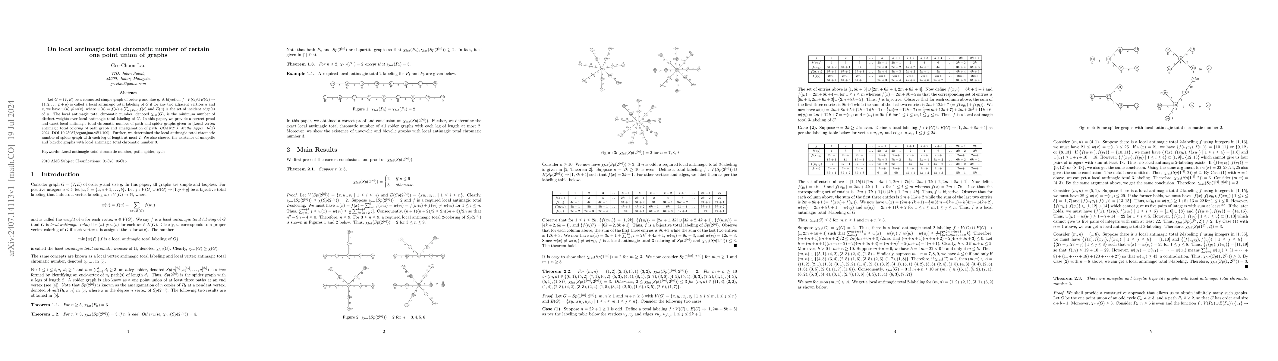 Thumbnail for On local antimagic total chromatic number of certain one point union of
  graphs