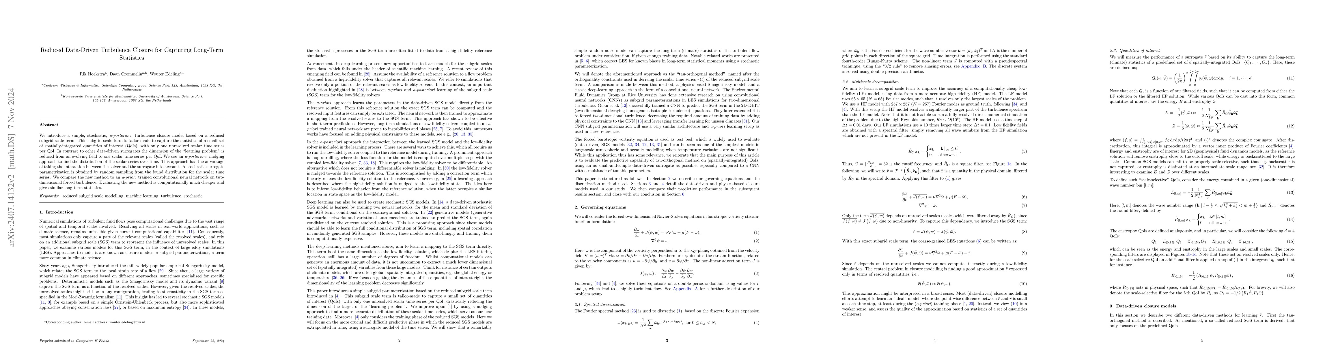 Thumbnail for Reduced Data-Driven Turbulence Closure for Capturing Long-Term
  Statistics