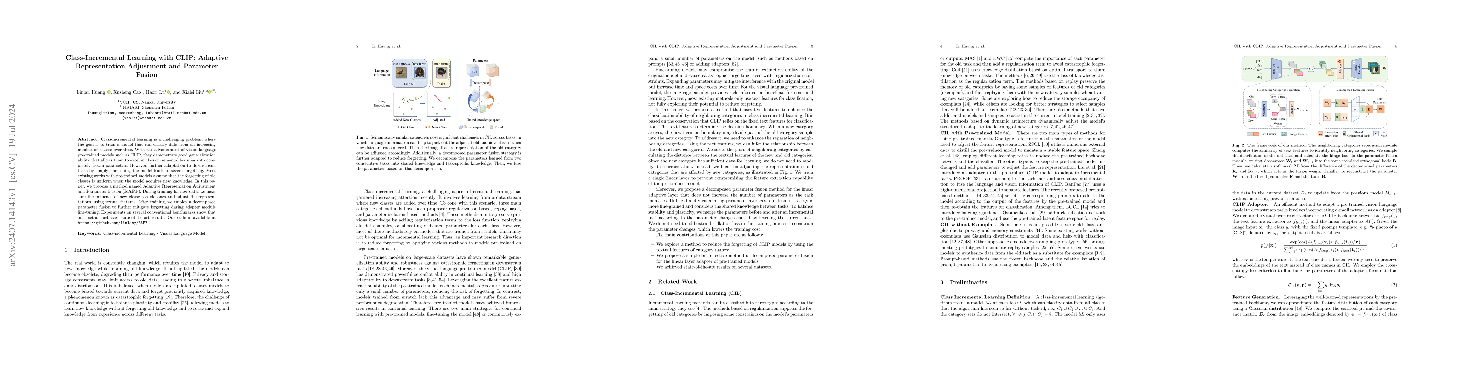 Thumbnail for Class-Incremental Learning with CLIP: Adaptive Representation Adjustment
  and Parameter Fusion