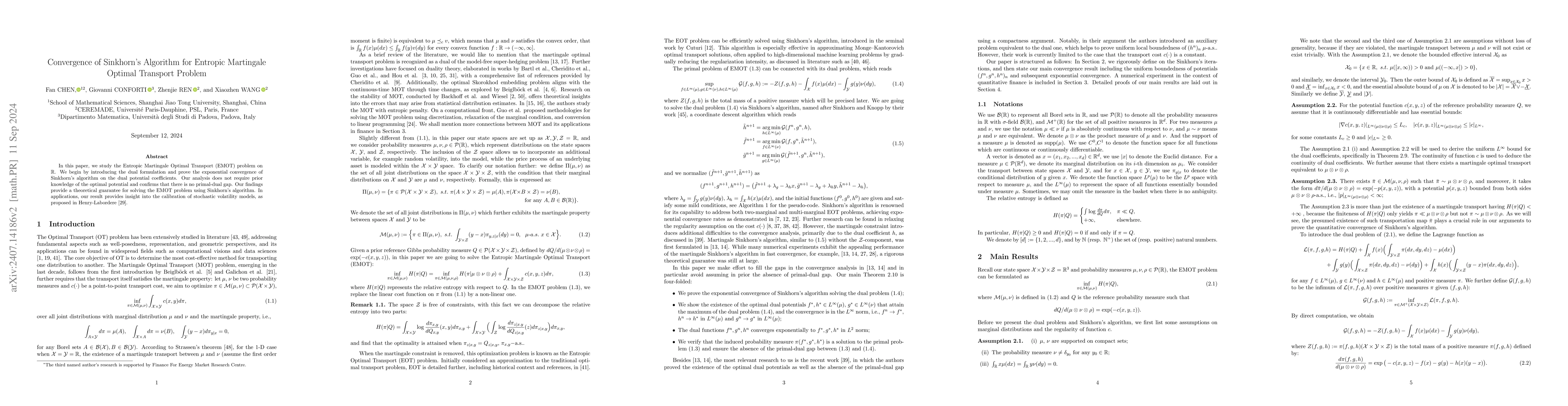 Thumbnail for Convergence of Sinkhorn's Algorithm for Entropic Martingale Optimal
  Transport Problem