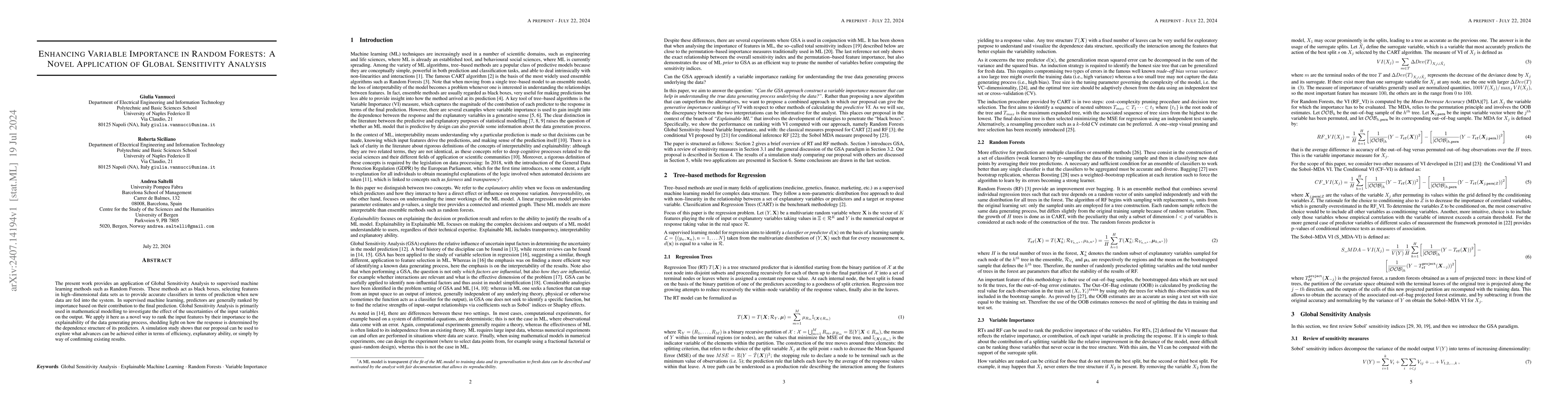 Thumbnail for Enhancing Variable Importance in Random Forests: A Novel Application of
  Global Sensitivity Analysis