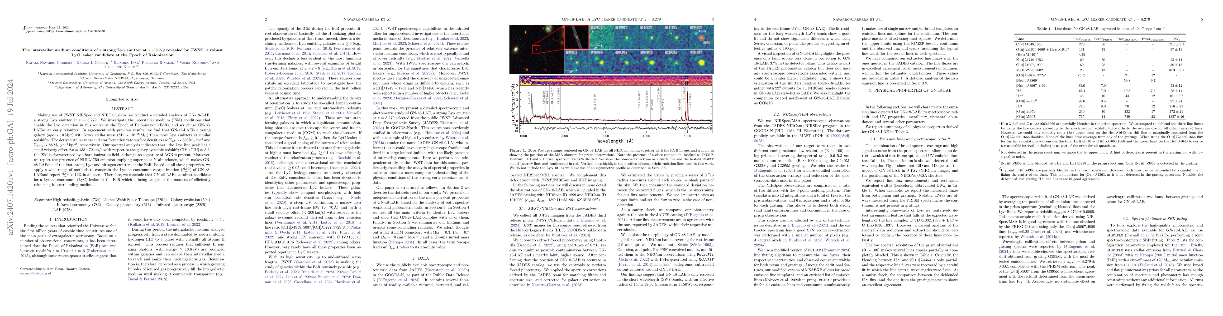 Thumbnail for The interstellar medium conditions of a strong Lya emitter at z = 8.279
  revealed by JWST: a robust LyC leaker candidate at the Epoch of Reionization