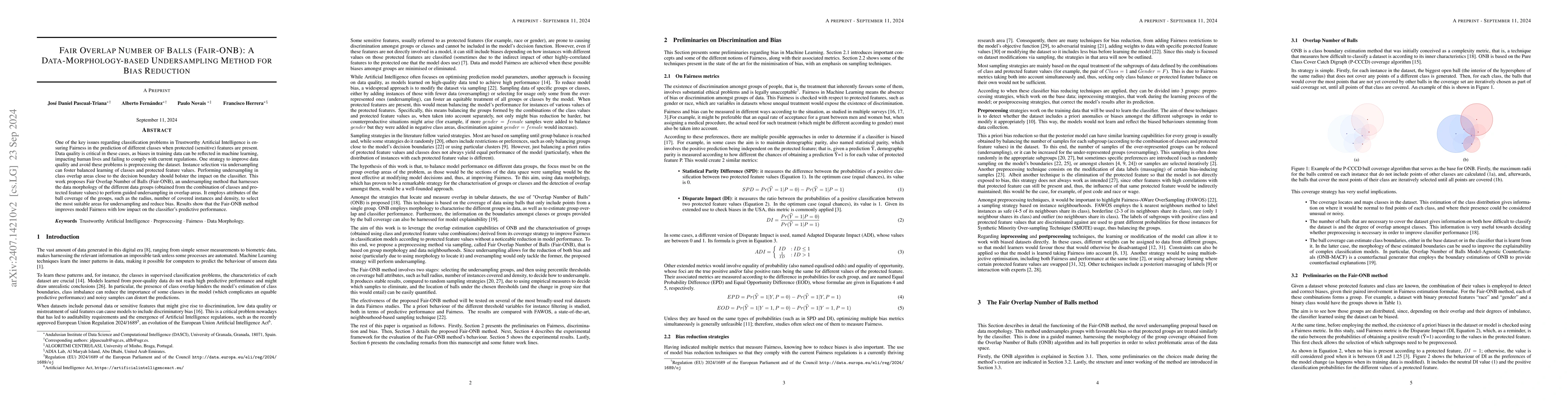 Thumbnail for Fair Overlap Number of Balls (Fair-ONB): A Data-Morphology-based
  Undersampling Method for Bias Reduction