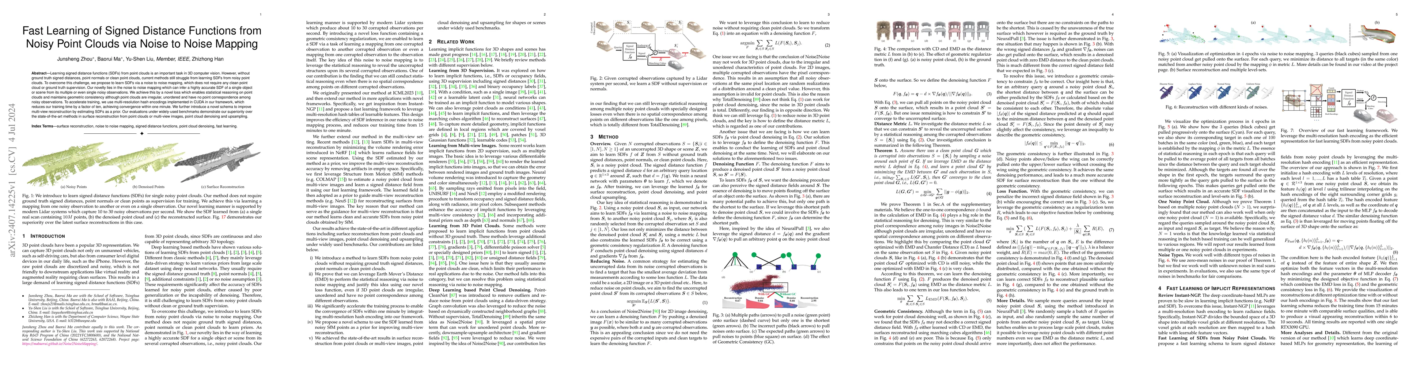 Thumbnail for Fast Learning of Signed Distance Functions from Noisy Point Clouds via
  Noise to Noise Mapping