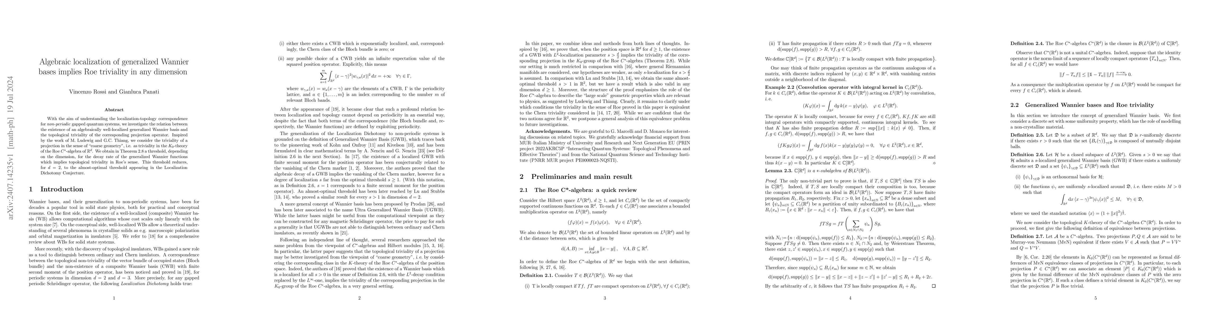 Thumbnail for Algebraic localization of generalized Wannier bases implies Roe
  triviality in any dimension