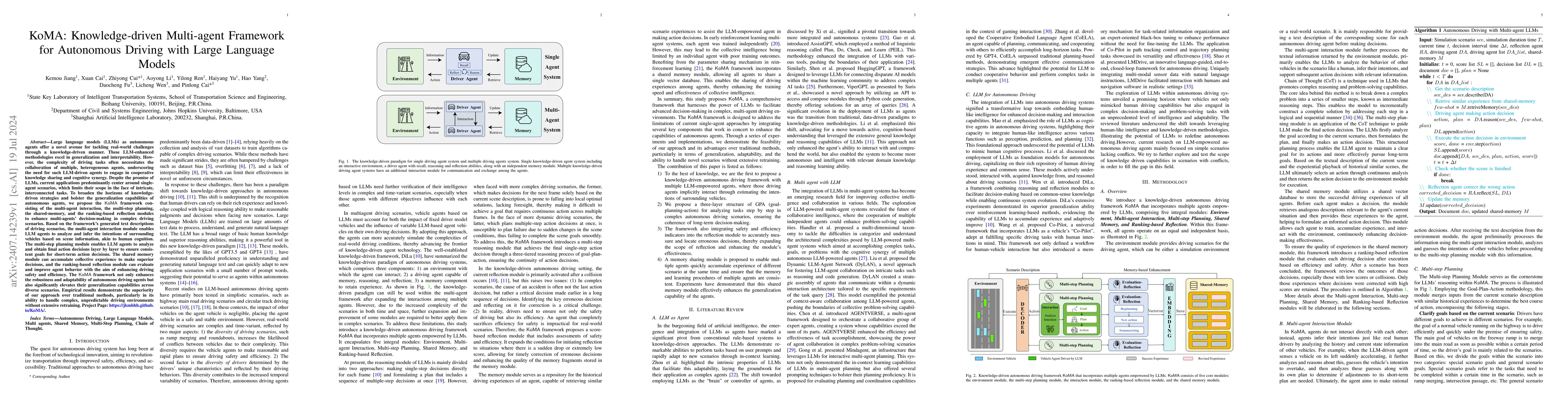 Thumbnail for KoMA: Knowledge-driven Multi-agent Framework for Autonomous Driving with
  Large Language Models