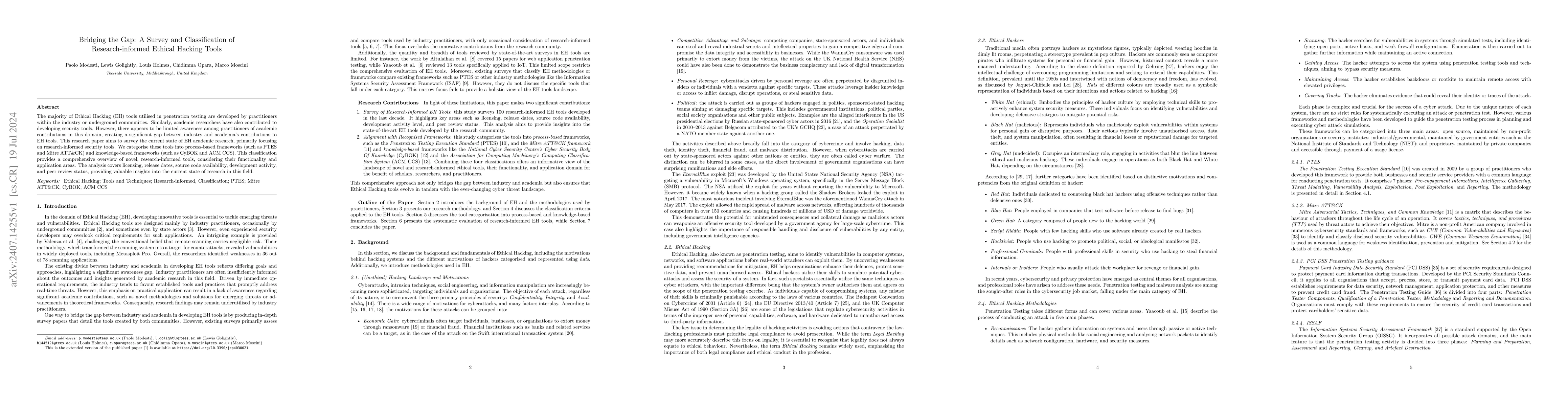 Thumbnail for Bridging the Gap: A Survey and Classification of Research-Informed
  Ethical Hacking Tools