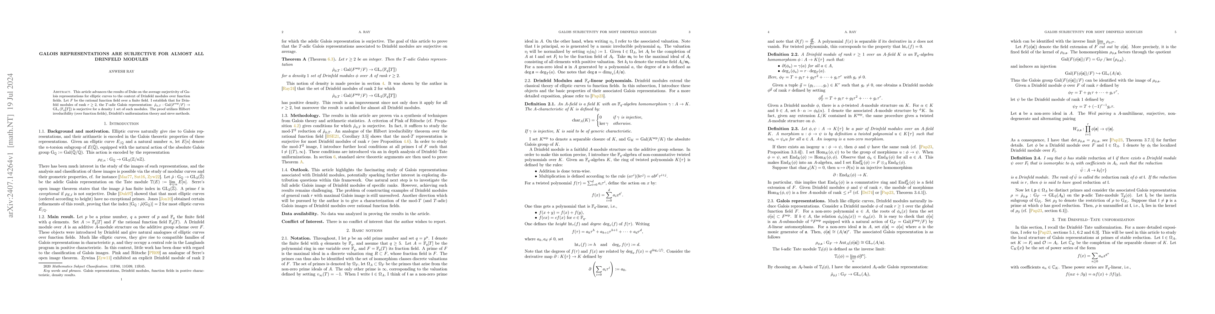Thumbnail for Galois representations are surjective for almost all Drinfeld modules