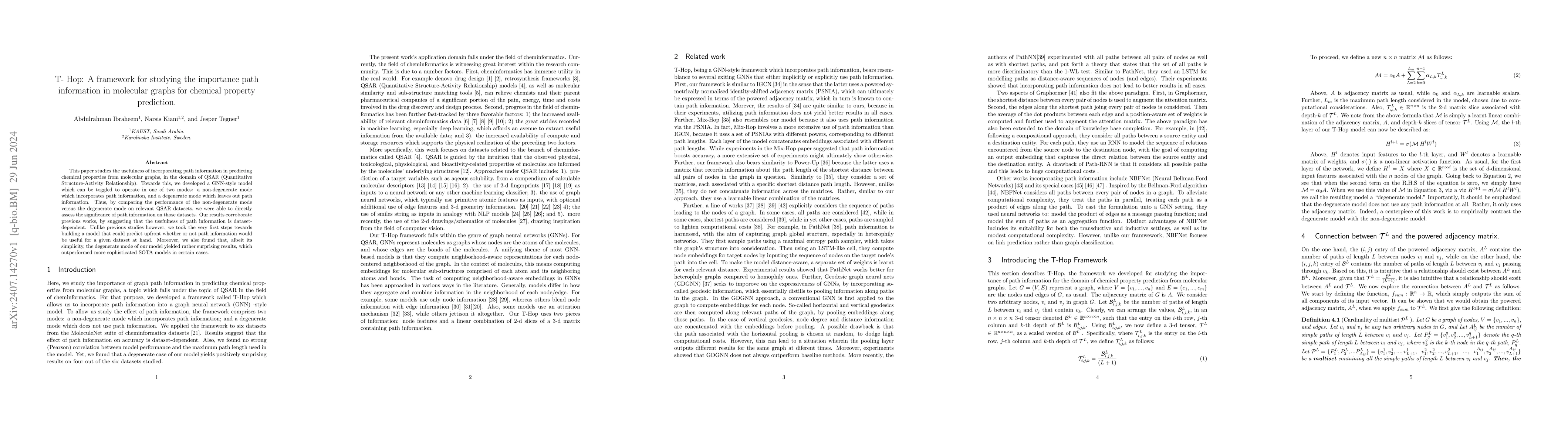 Thumbnail for T- Hop: A framework for studying the importance path information in
  molecular graphs for chemical property prediction