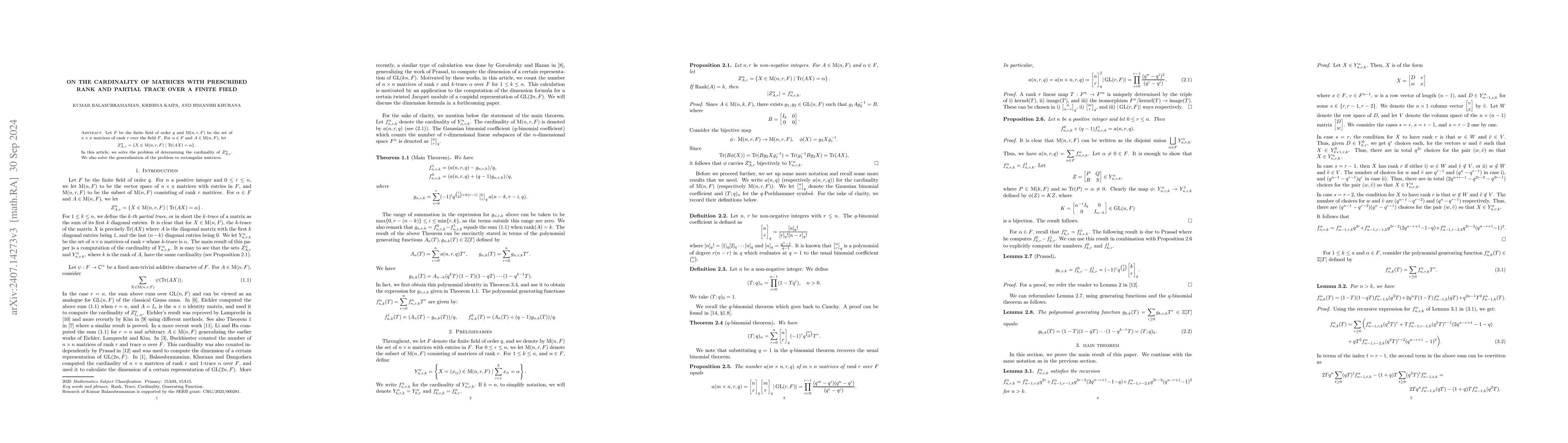 Thumbnail for On the cardinality of matrices with prescribed rank and partial trace
  over a finite field
