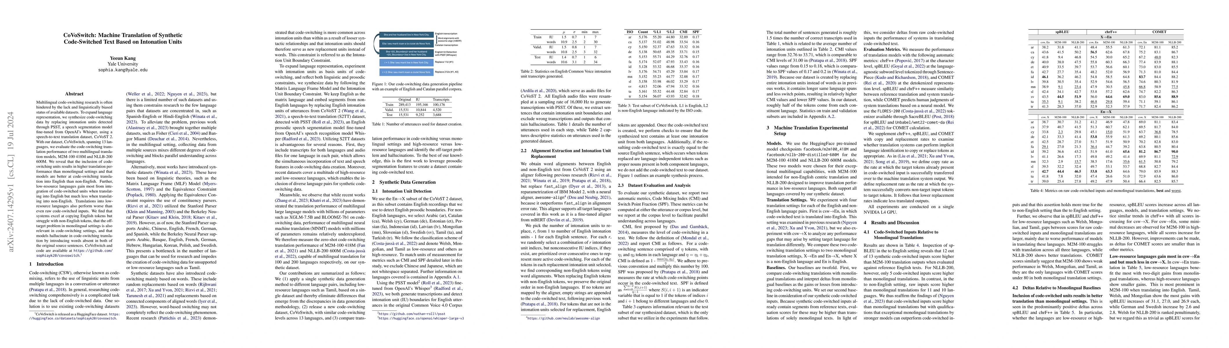 Thumbnail for CoVoSwitch: Machine Translation of Synthetic Code-Switched Text Based on
  Intonation Units