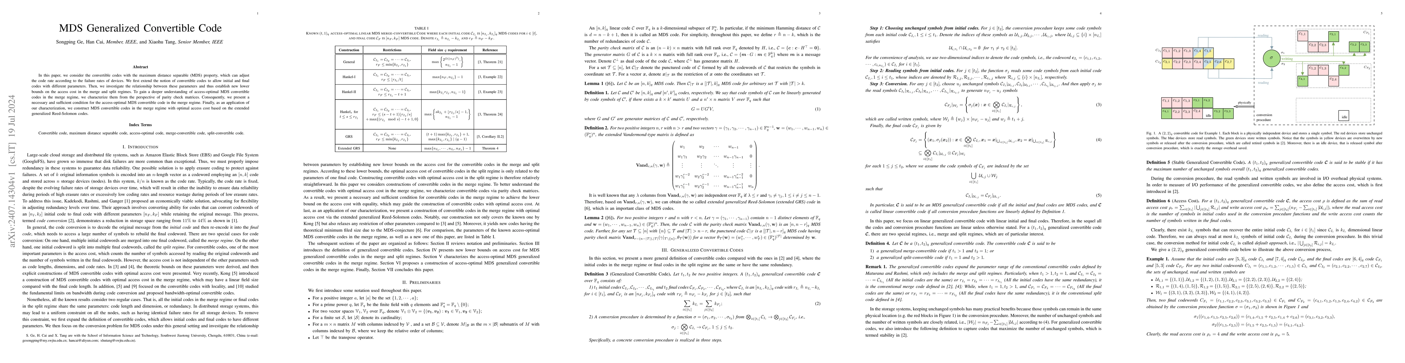 Thumbnail for MDS Generalized Convertible Code