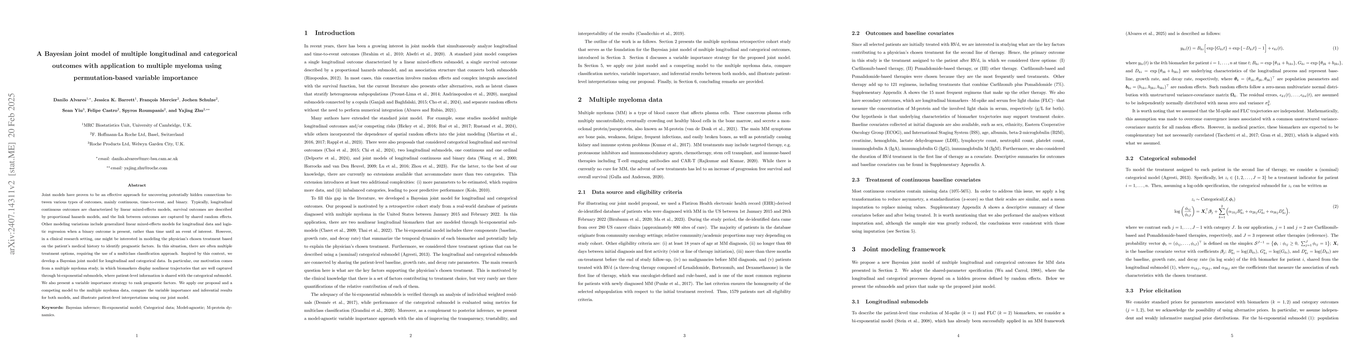 Thumbnail for A Bayesian joint model of multiple longitudinal and categorical outcomes
  with application to multiple myeloma using permutation-based variable
  importance