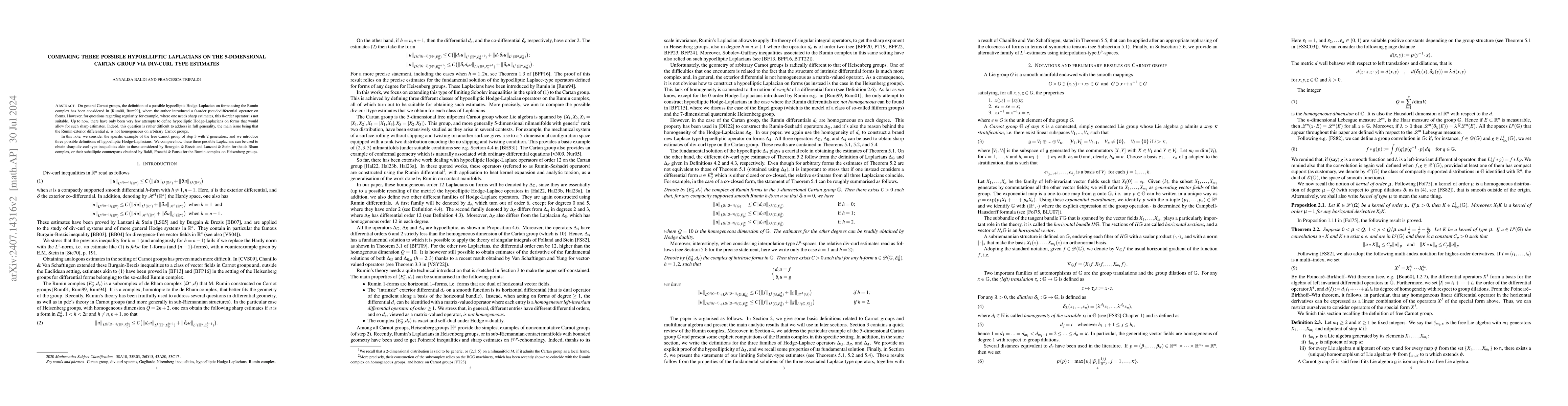 Thumbnail for Comparing three possible hypoelliptic Laplacians on the 5-dimensional
  Cartan group via div-curl type estimates