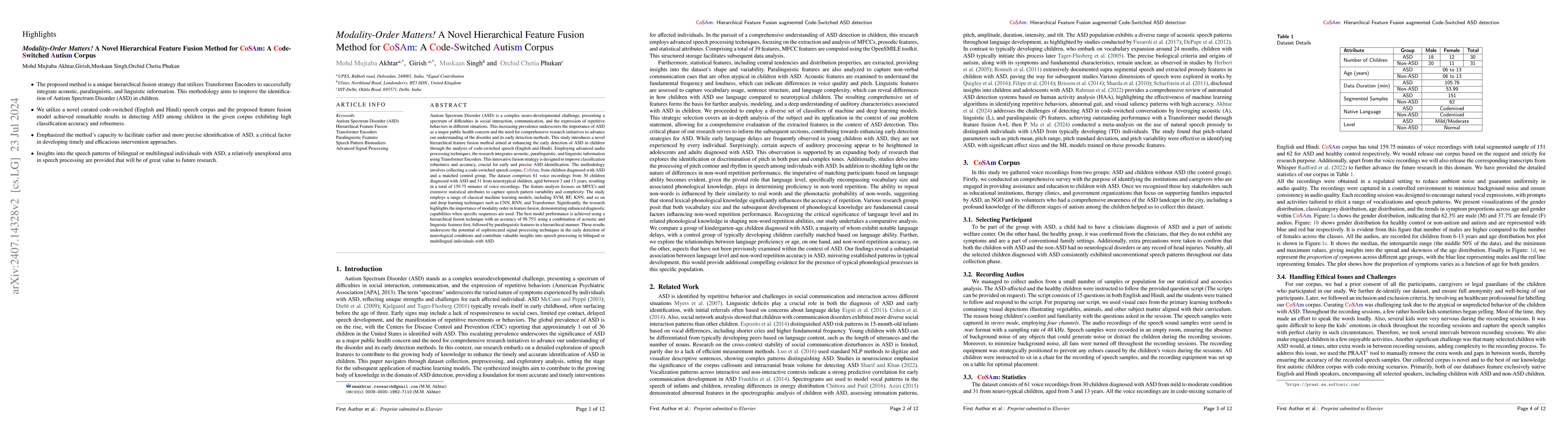Thumbnail for Modality-Order Matters! A Novel Hierarchical Feature Fusion Method for
  CoSAm: A Code-Switched Autism Corpus