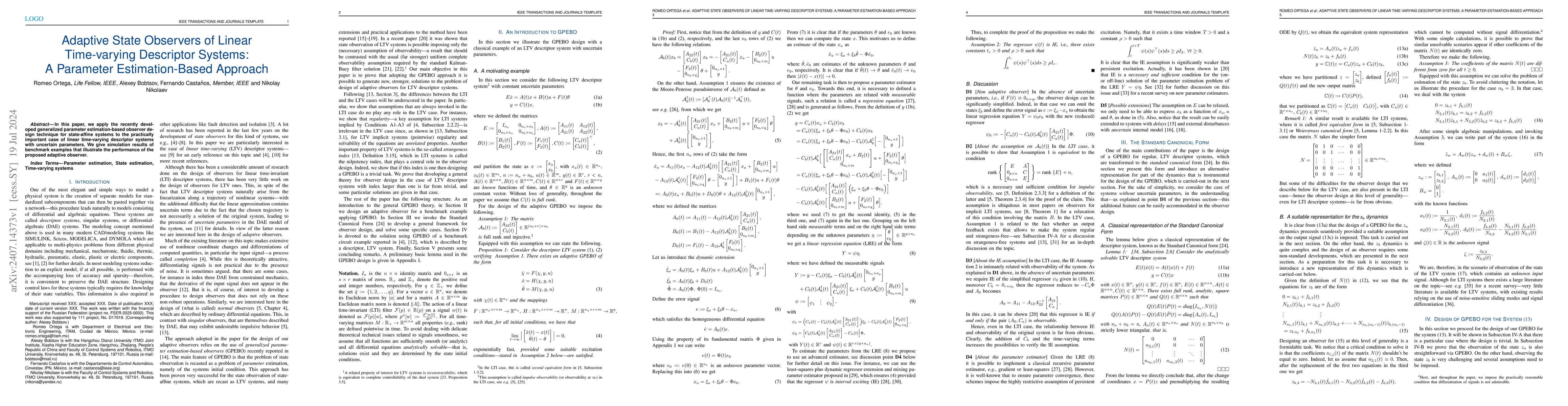 Thumbnail for Adaptive State Observers of Linear Time-varying Descriptor Systems: A
  Parameter Estimation-Based Approach
