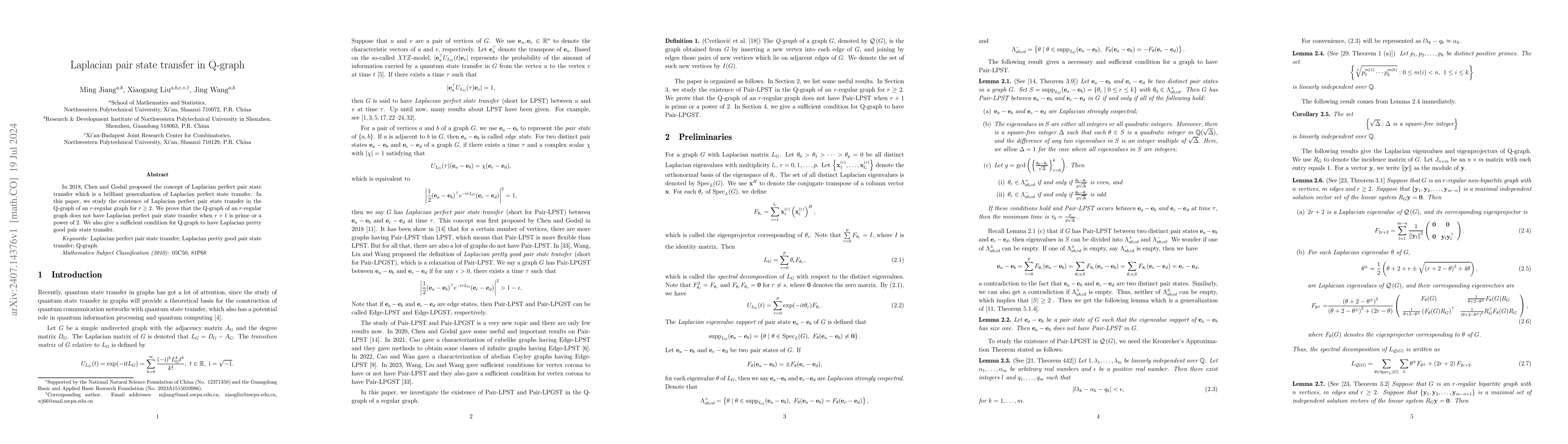 Thumbnail for Laplacian pair state transfer in Q-graph