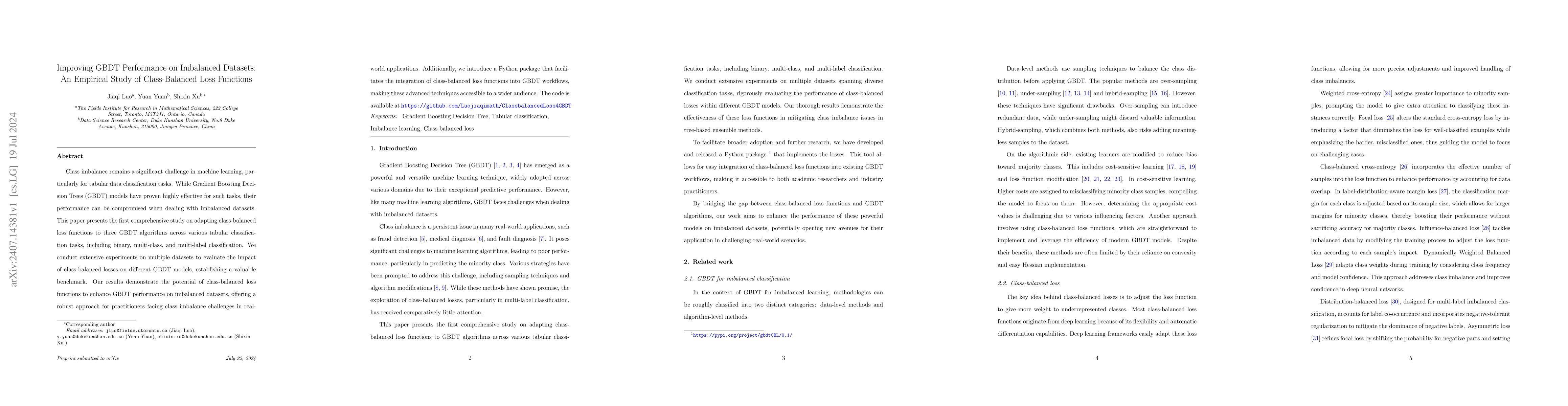 Thumbnail for Improving GBDT Performance on Imbalanced Datasets: An Empirical Study of
  Class-Balanced Loss Functions