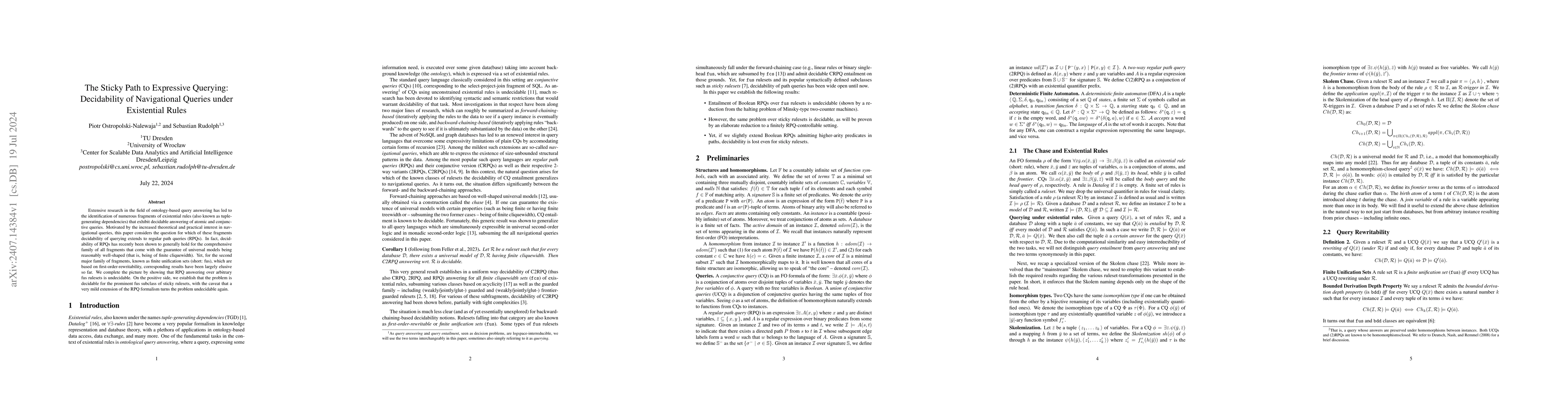 Thumbnail for The Sticky Path to Expressive Querying: Decidability of Navigational
  Queries under Existential Rules