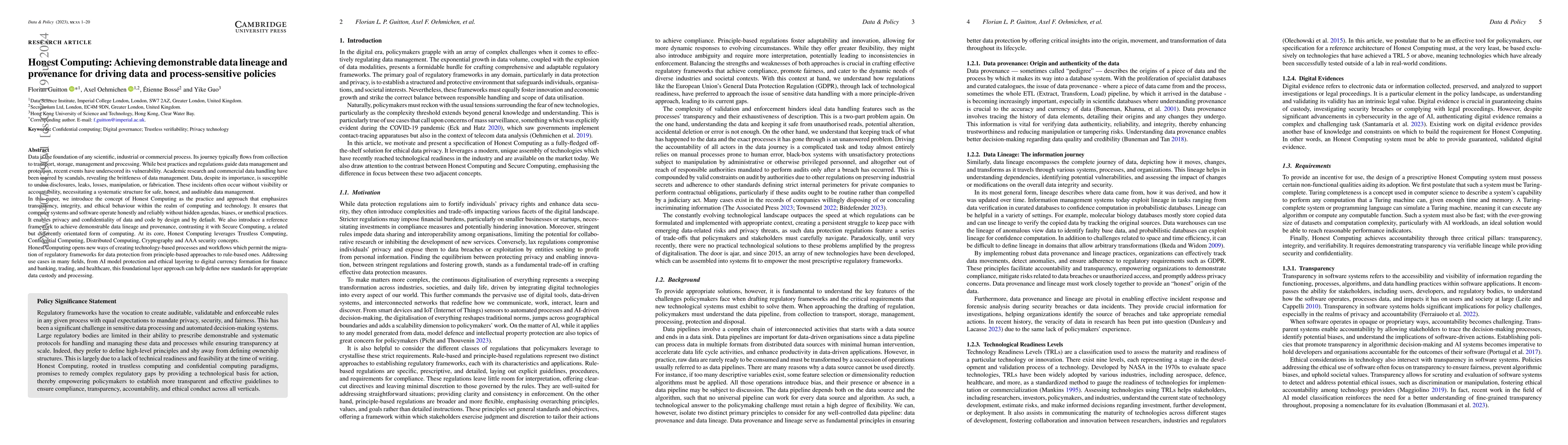 Thumbnail for Honest Computing: Achieving demonstrable data lineage and provenance for
  driving data and process-sensitive policies