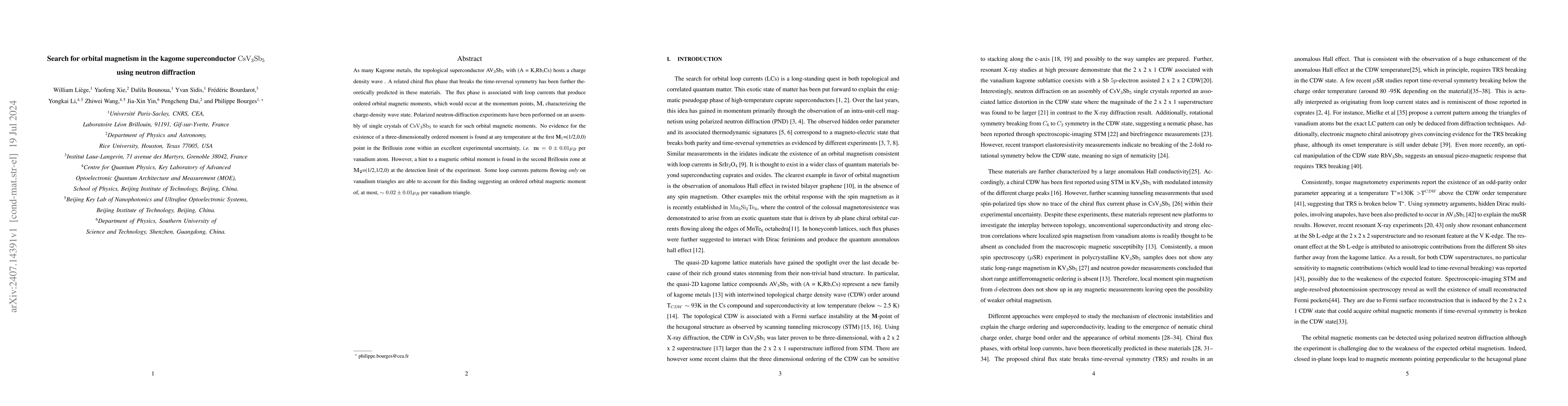 Thumbnail for Search for orbital magnetism in the kagome superconductor ${\rm
  CsV_3Sb_5}$ using neutron diffraction