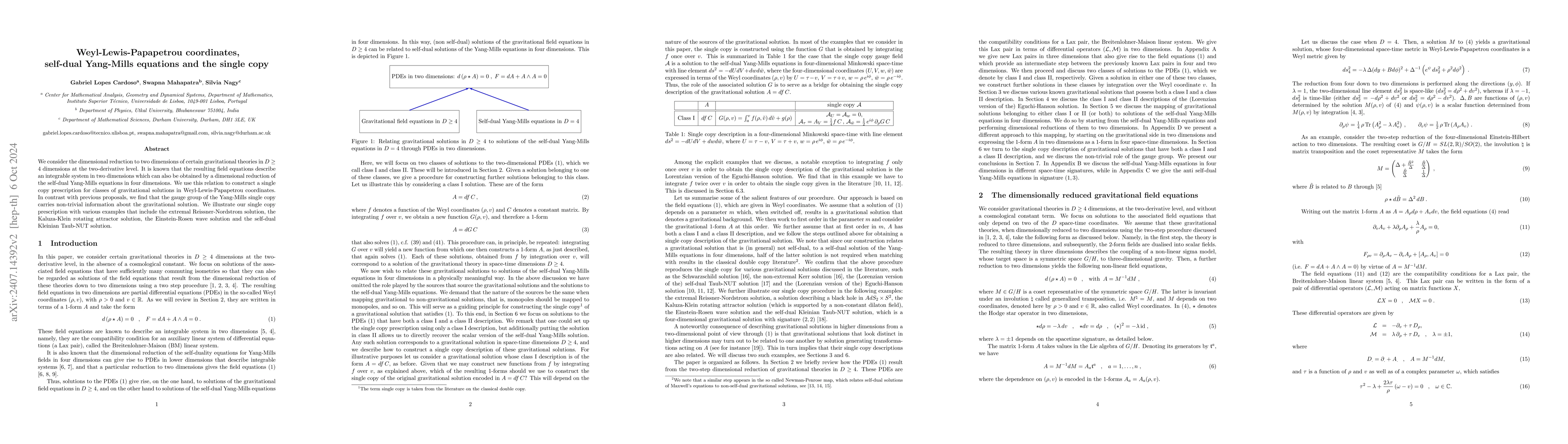 Thumbnail for Weyl-Lewis-Papapetrou coordinates, self-dual Yang-Mills equations and
  the single copy