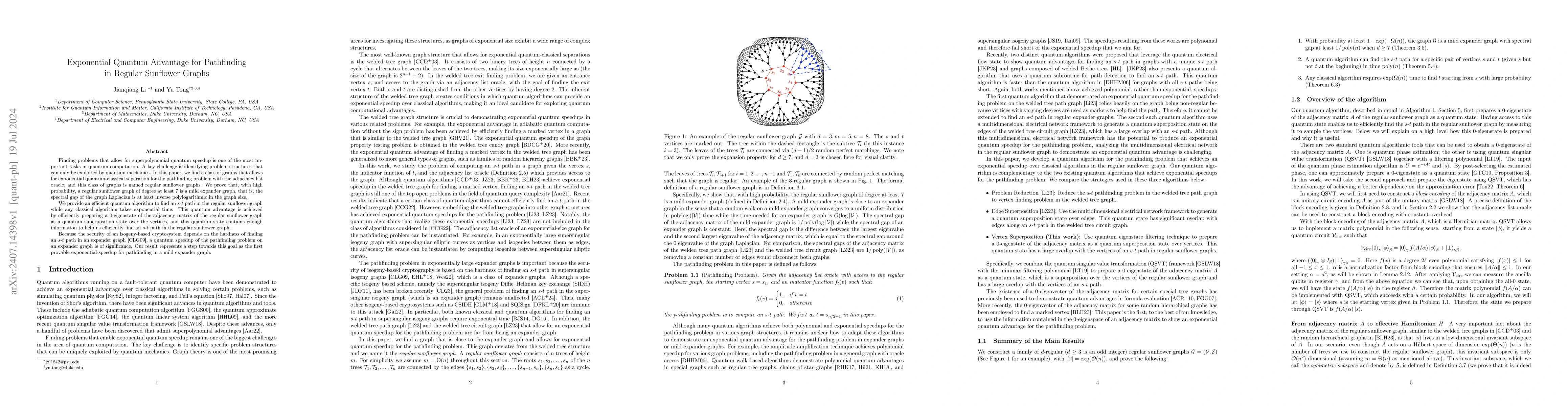 Thumbnail for Exponential Quantum Advantage for Pathfinding in Regular Sunflower
  Graphs