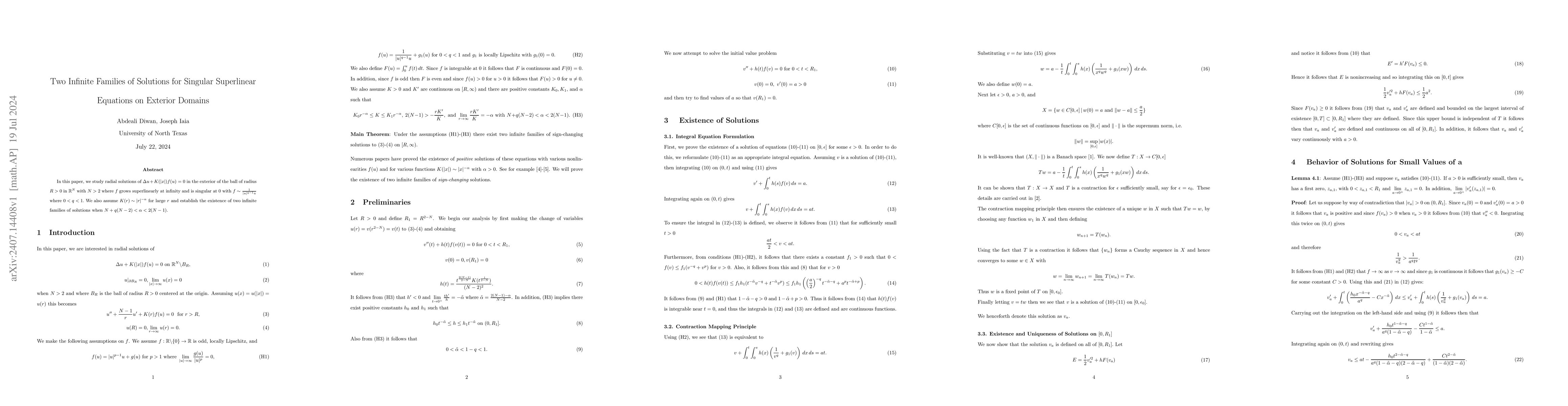 Thumbnail for Two Infinite Families of Solutions for Singular Superlinear Equations on
  Exterior Domains