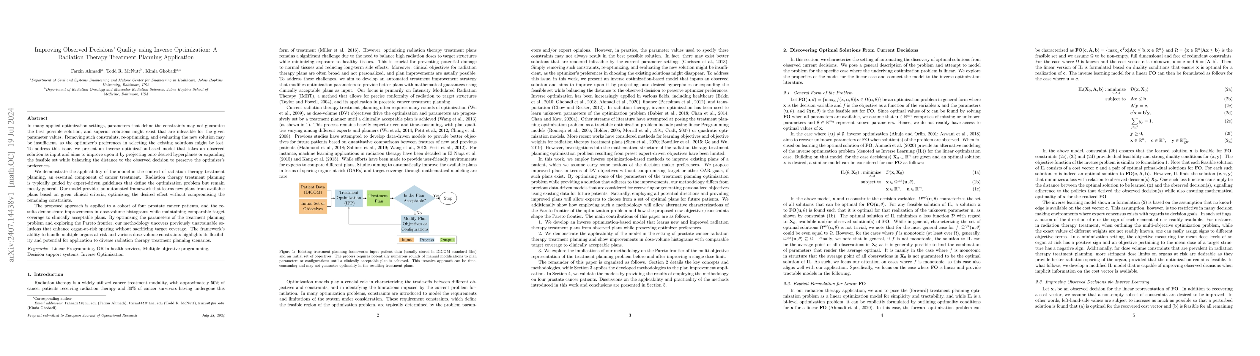 Thumbnail for Improving Observed Decisions Quality using Inverse Optimization: A
  Radiation Therapy Treatment Planning Application