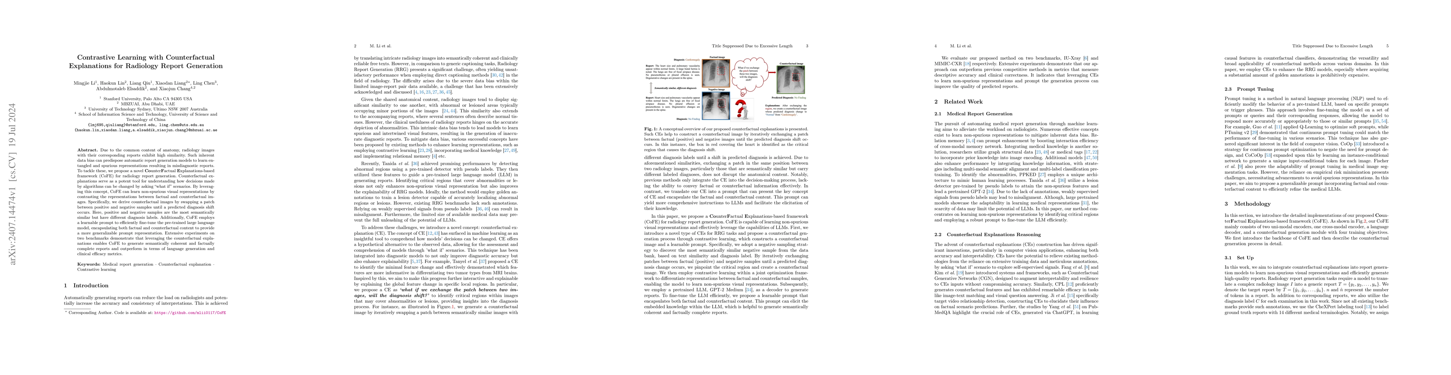 Thumbnail for Contrastive Learning with Counterfactual Explanations for Radiology
  Report Generation