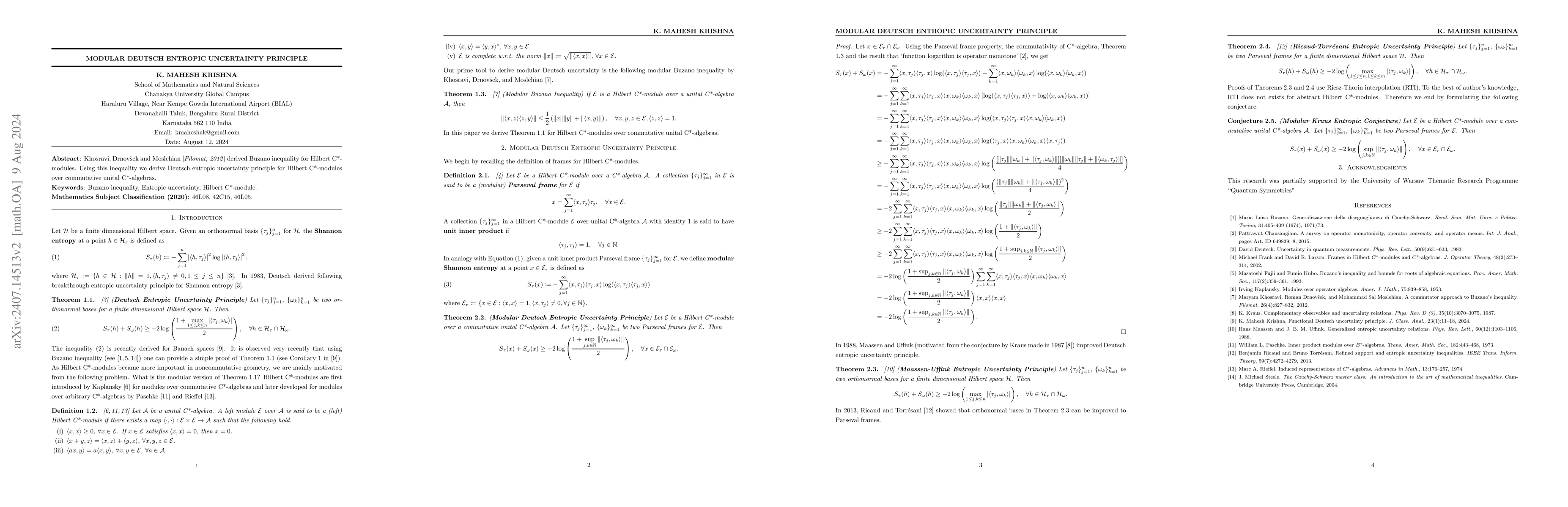 Thumbnail for Modular Deutsch Entropic Uncertainty Principle