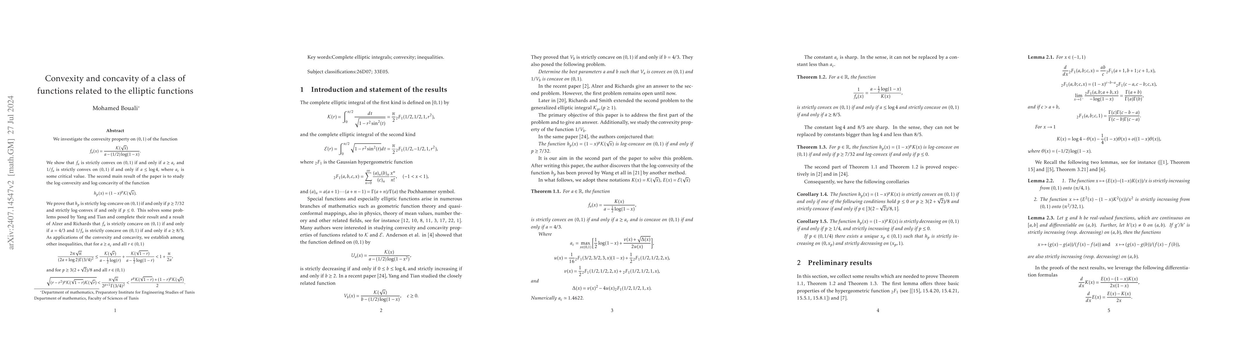 Thumbnail for Convexity and concavity of a class of functions related to the elliptic
  functions