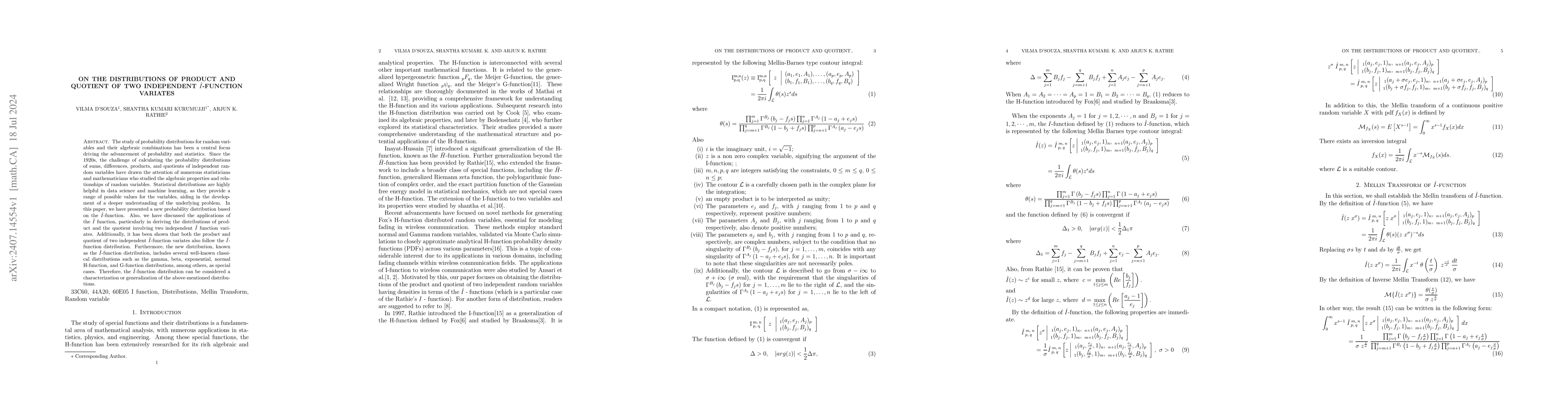 Thumbnail for On the Distributions of Product and Quotient of two Independent
  $\hat{I}$-function variates