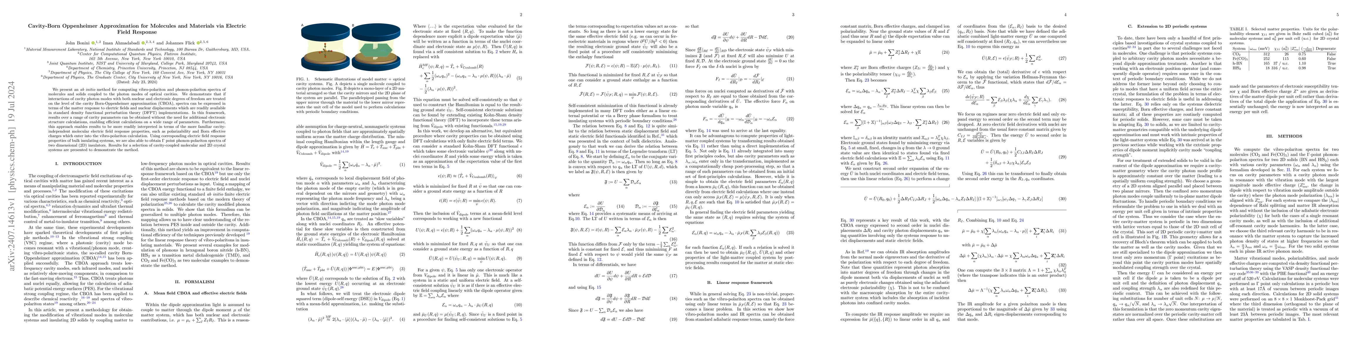 Thumbnail for Cavity-Born Oppenheimer Approximation for Molecules and Materials via
  Electric Field Response