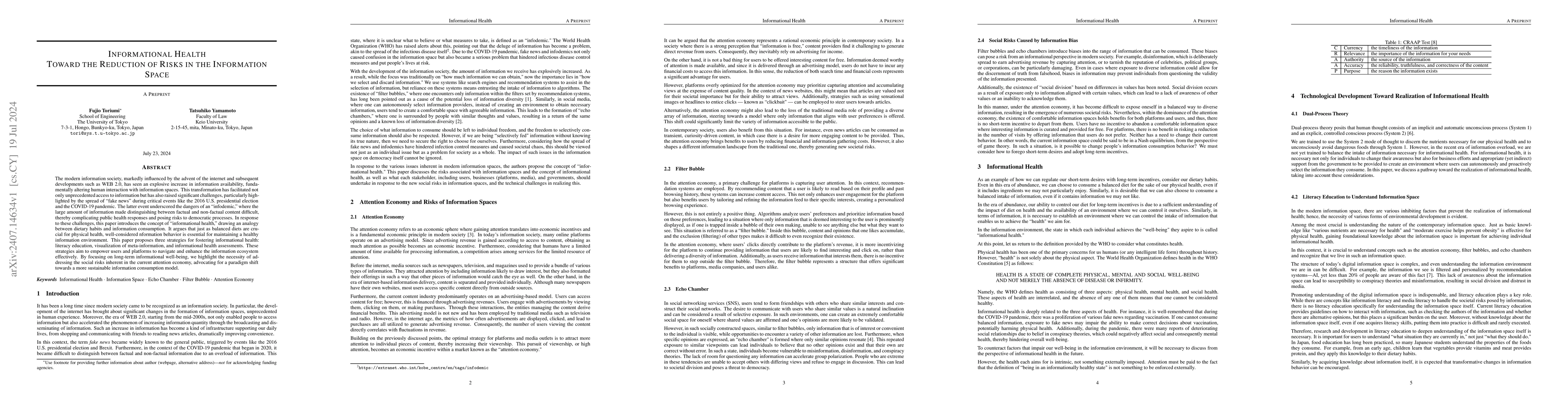 Thumbnail for Informational Health --Toward the Reduction of Risks in the Information
  Space